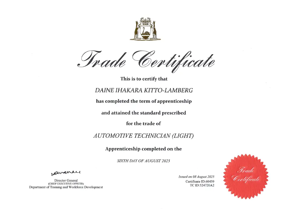 Daine Trade Certificate Automotive Technician
