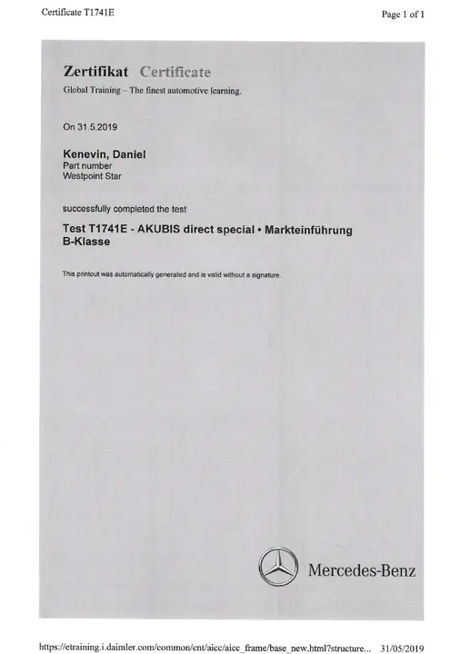 Daniel K AKUBIS Zertifikat