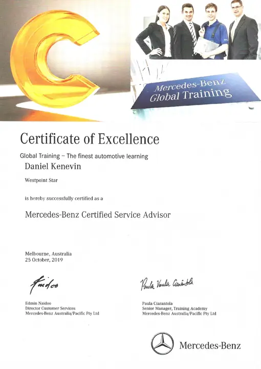 Daniel K Merc-Benz Certificate of Excellence