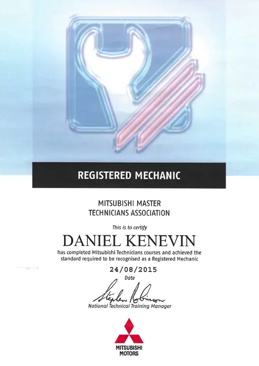 Daniel K Mitsubishi Registered Mechanic Certificate