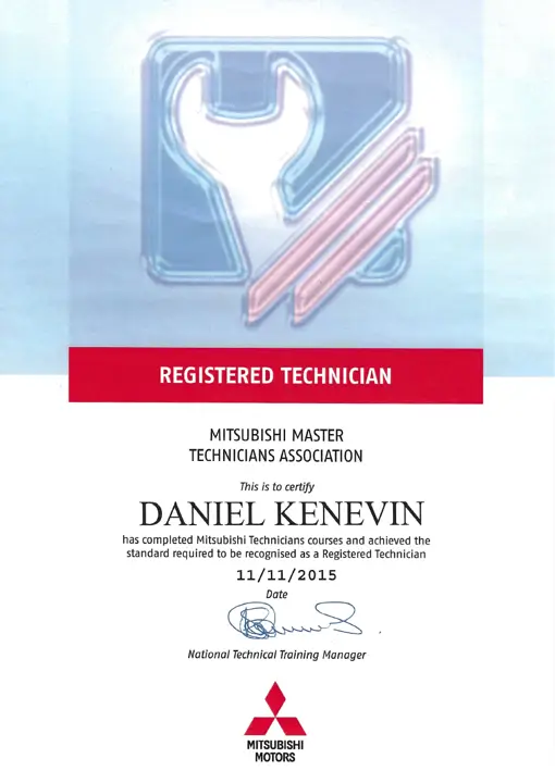 Daniel K Mitsubishi Registered Technician Certificate