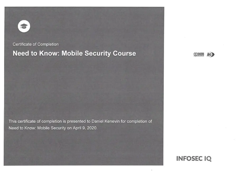 Daniel K Mobile Security Certificate