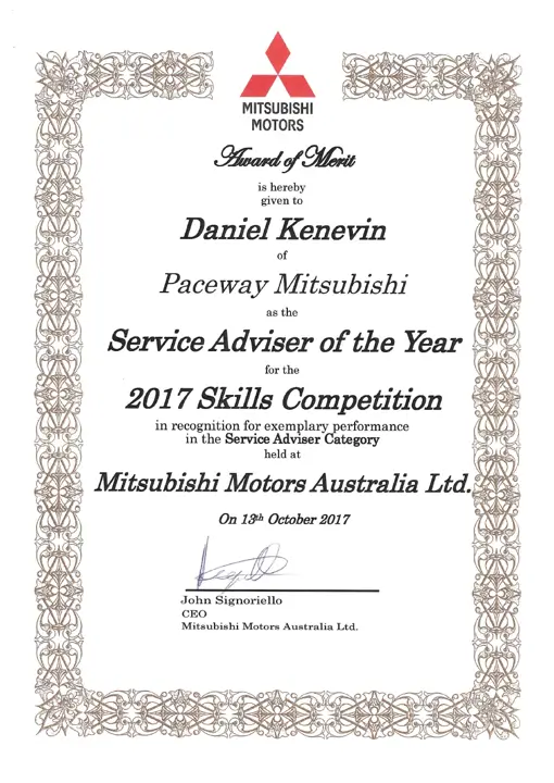 Daniel K Paceway Mitsubishi Service Advisor of the Year