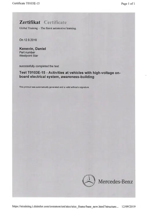 Daniel K T0103E-15 High Voltage OES Zertificat