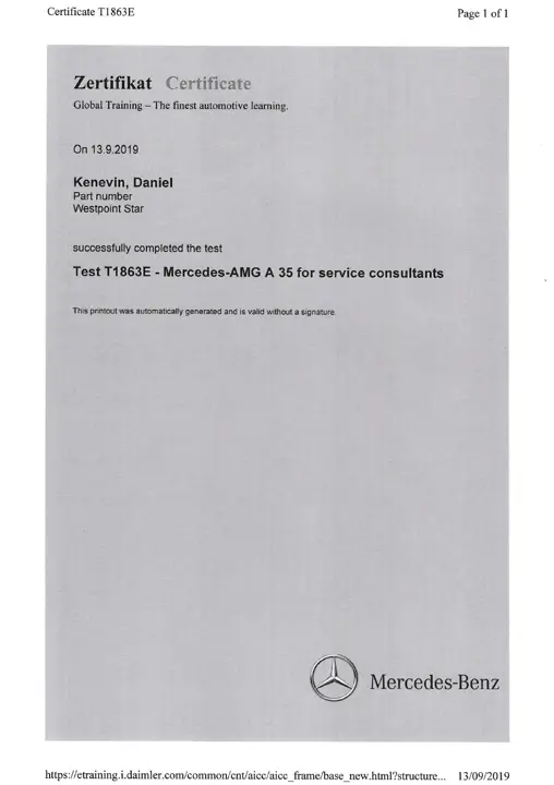 Daniel K T1863E Mercedes AMG Zertificat