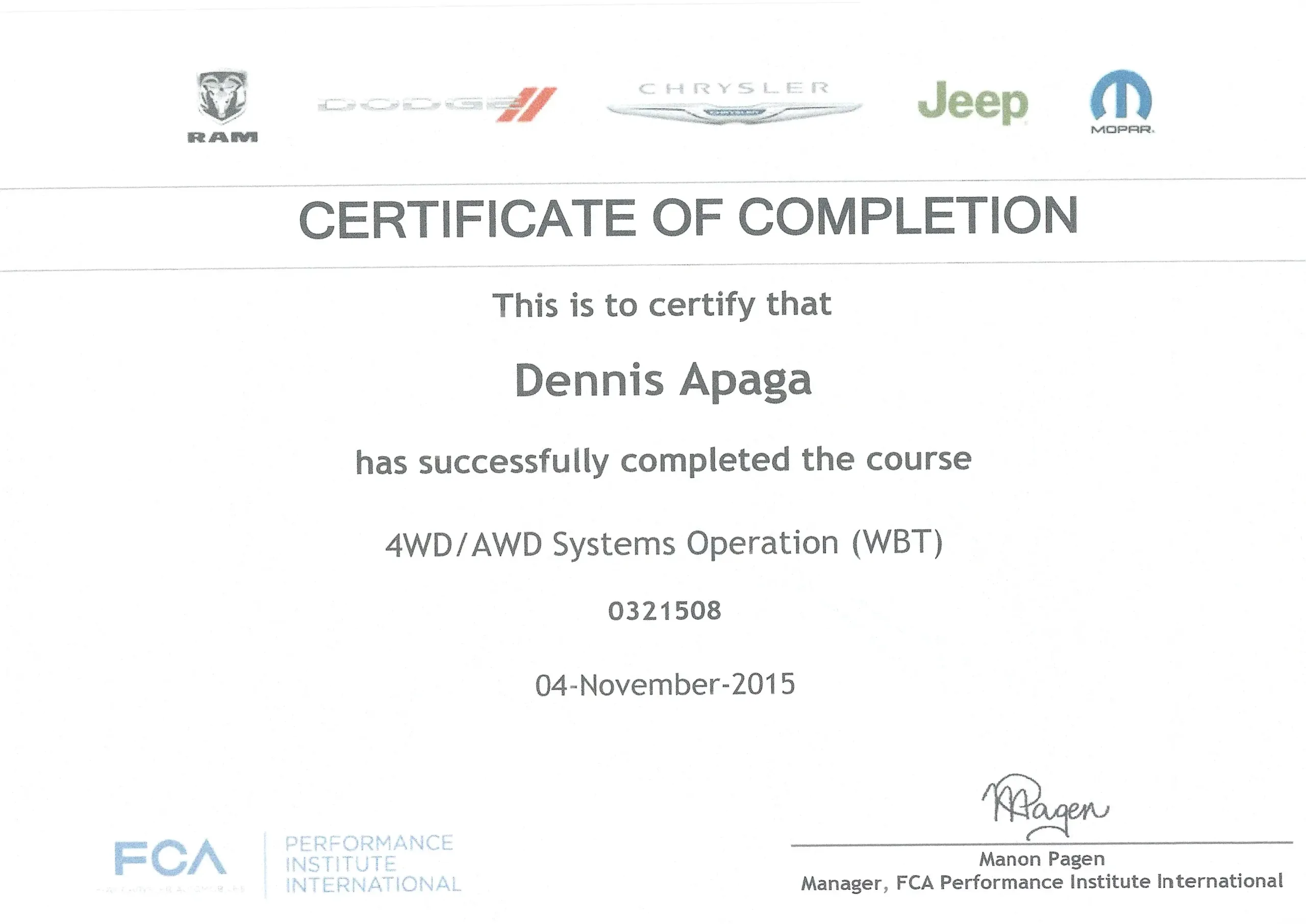 Dennis Apaga Trade Certificate AC WBT