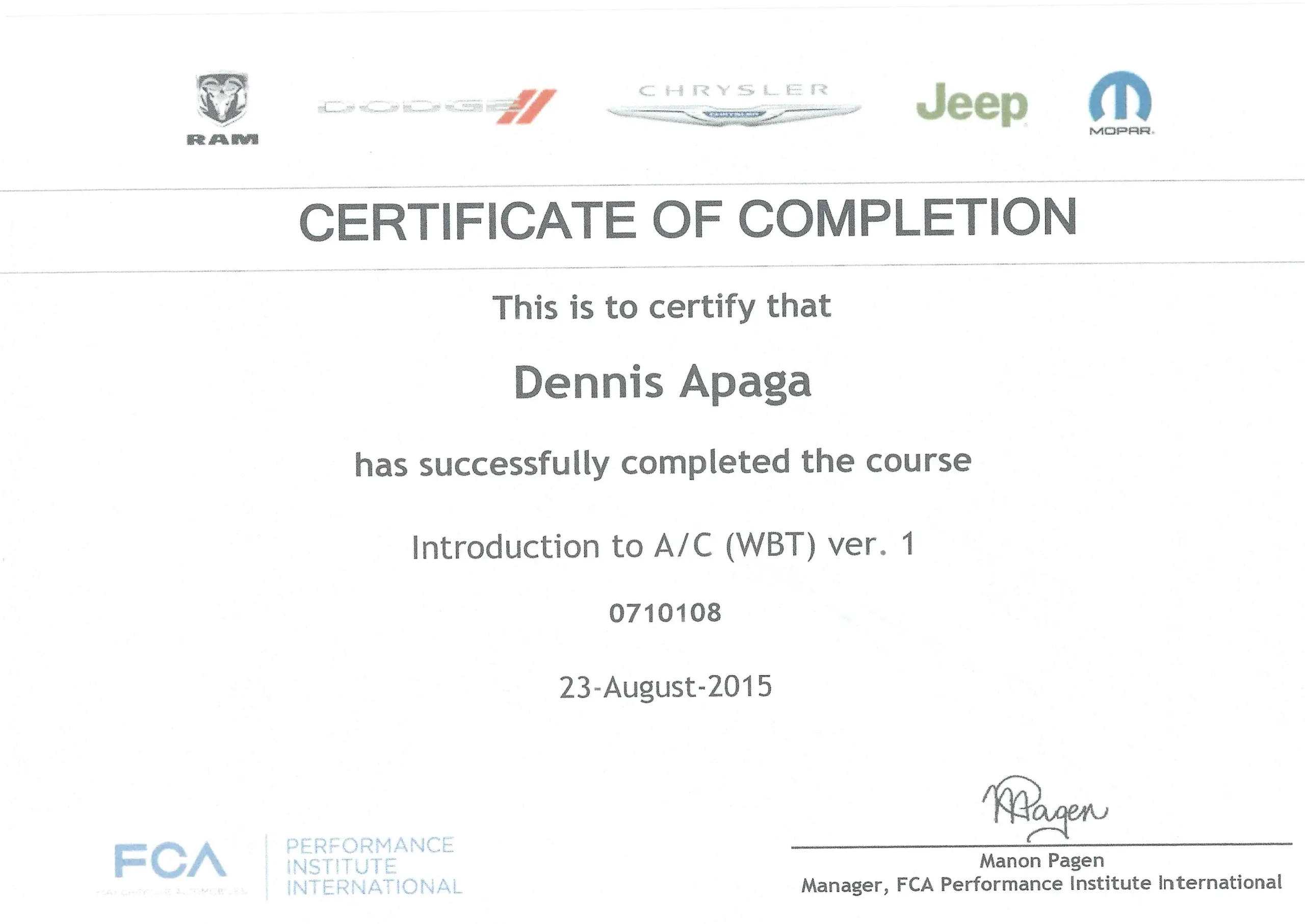 Dennis Apaga Trade Certificate AC WBT