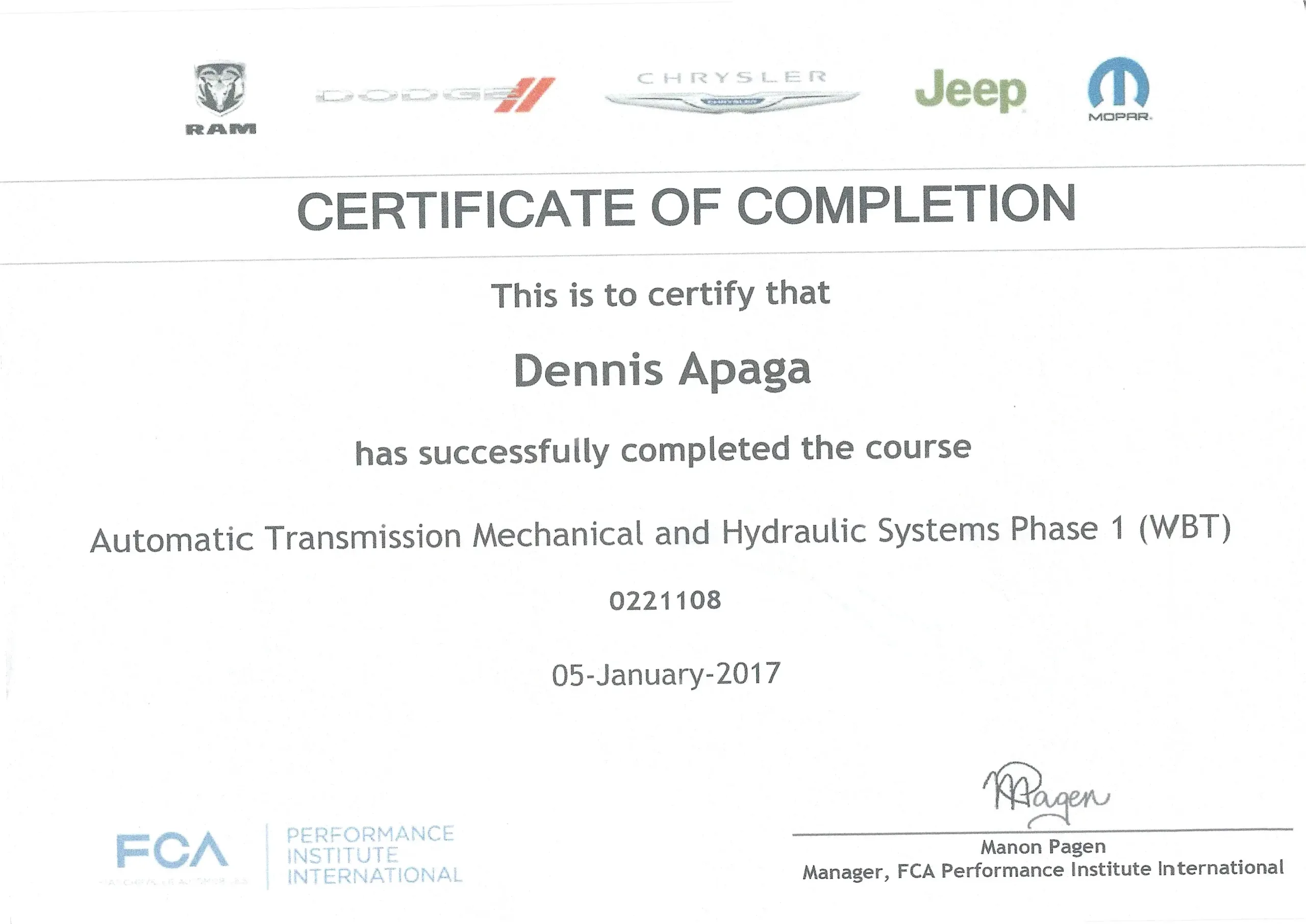 Dennis Apaga Trade Certificate Automatic Transmission Systems