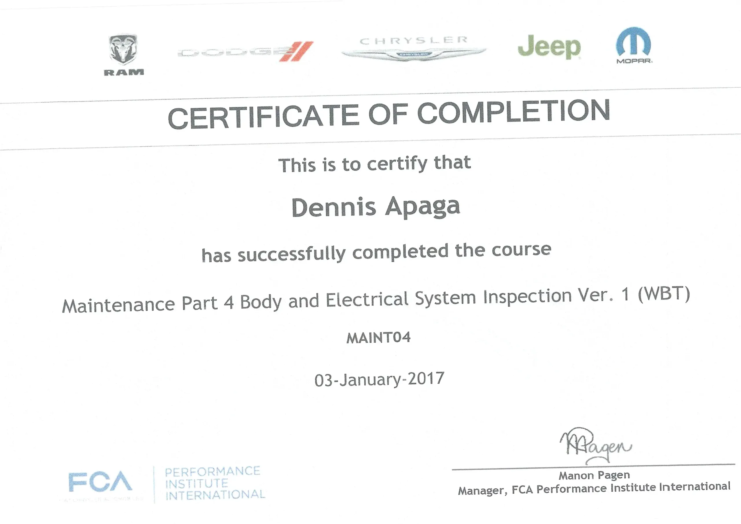 Dennis Apaga Trade Certificate Body and Electrical Systems