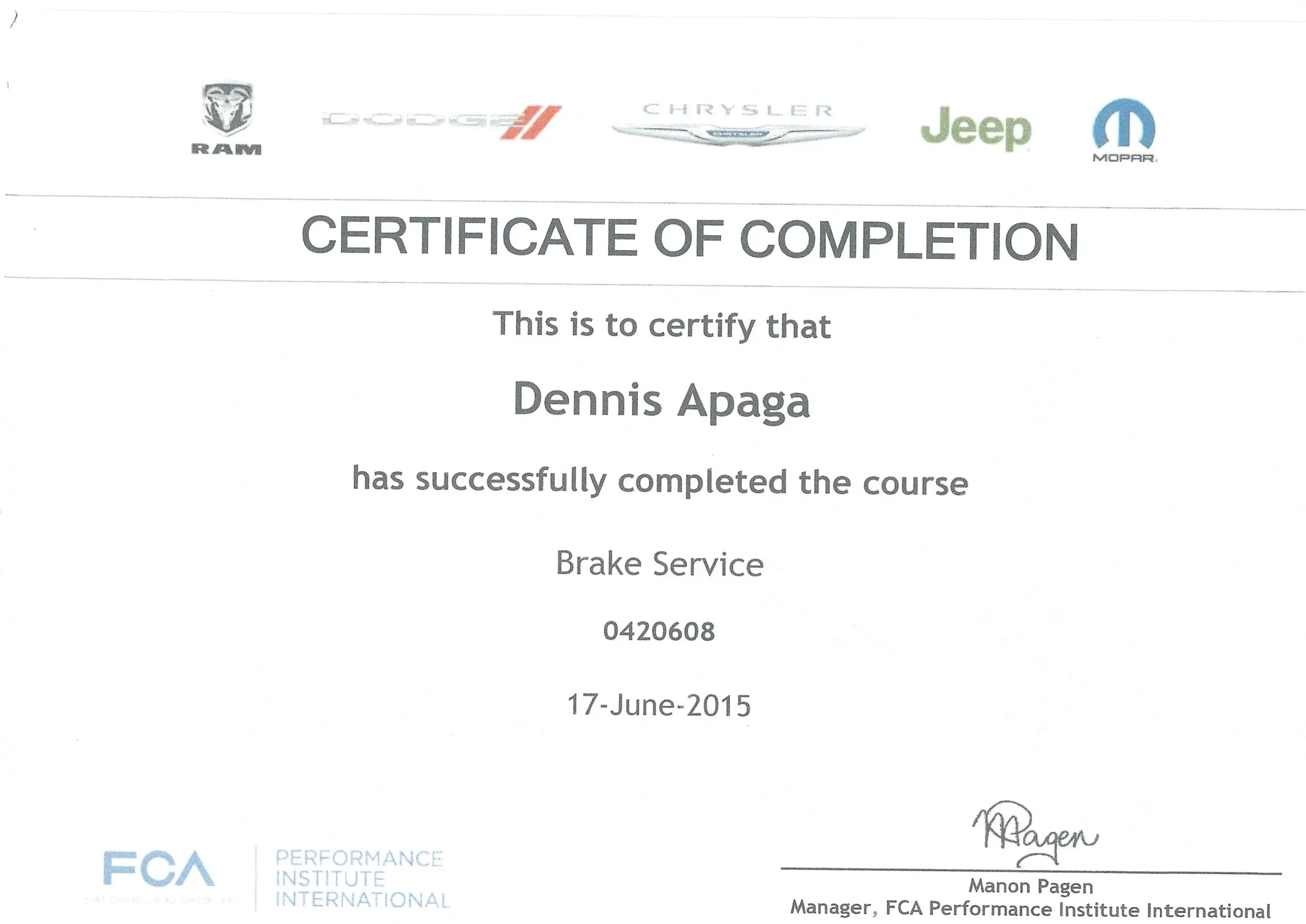 Dennis Apaga Trade Certificate Brake Service