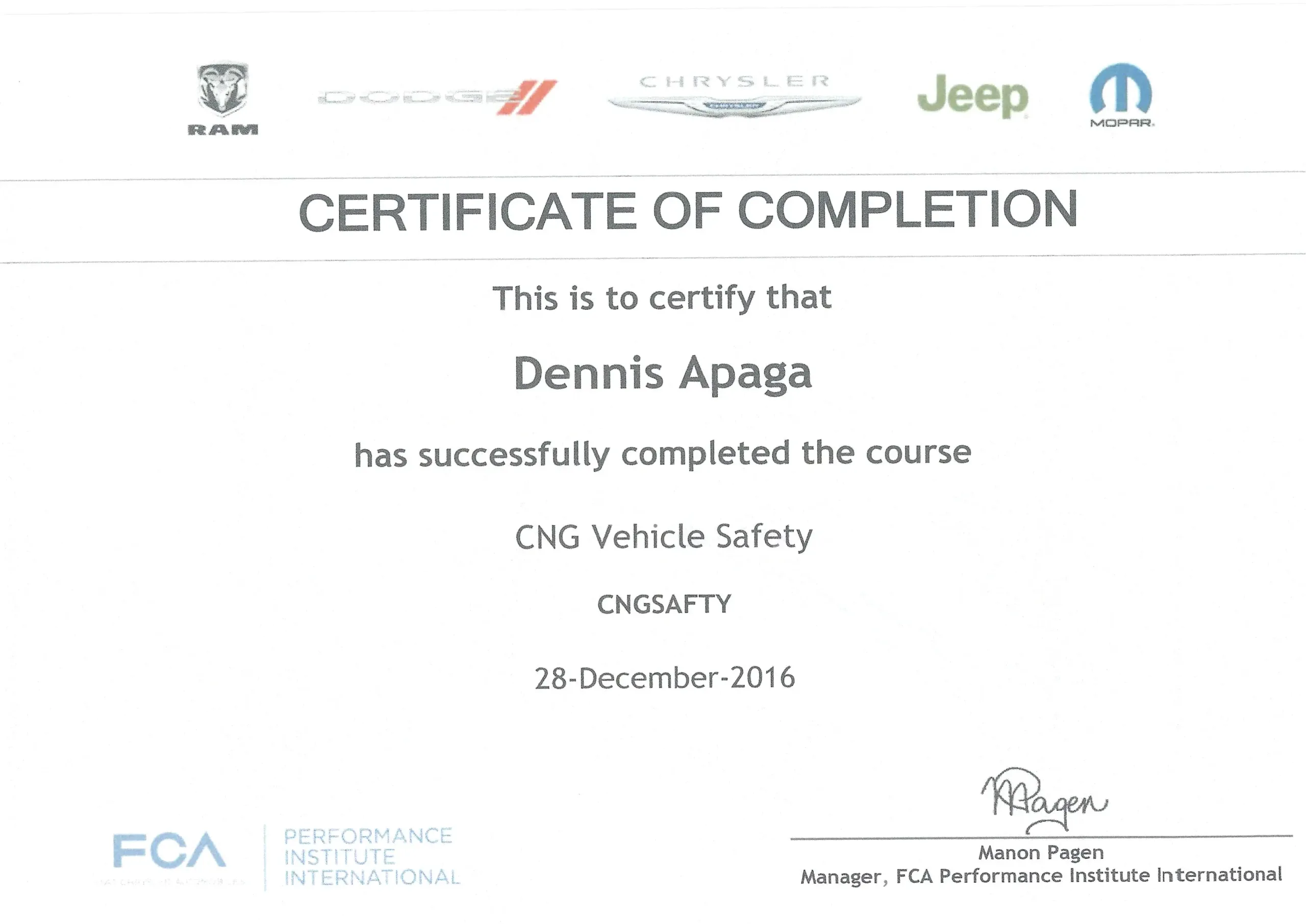 Dennis Apaga Trade Certificate CNG Vehicle Safety