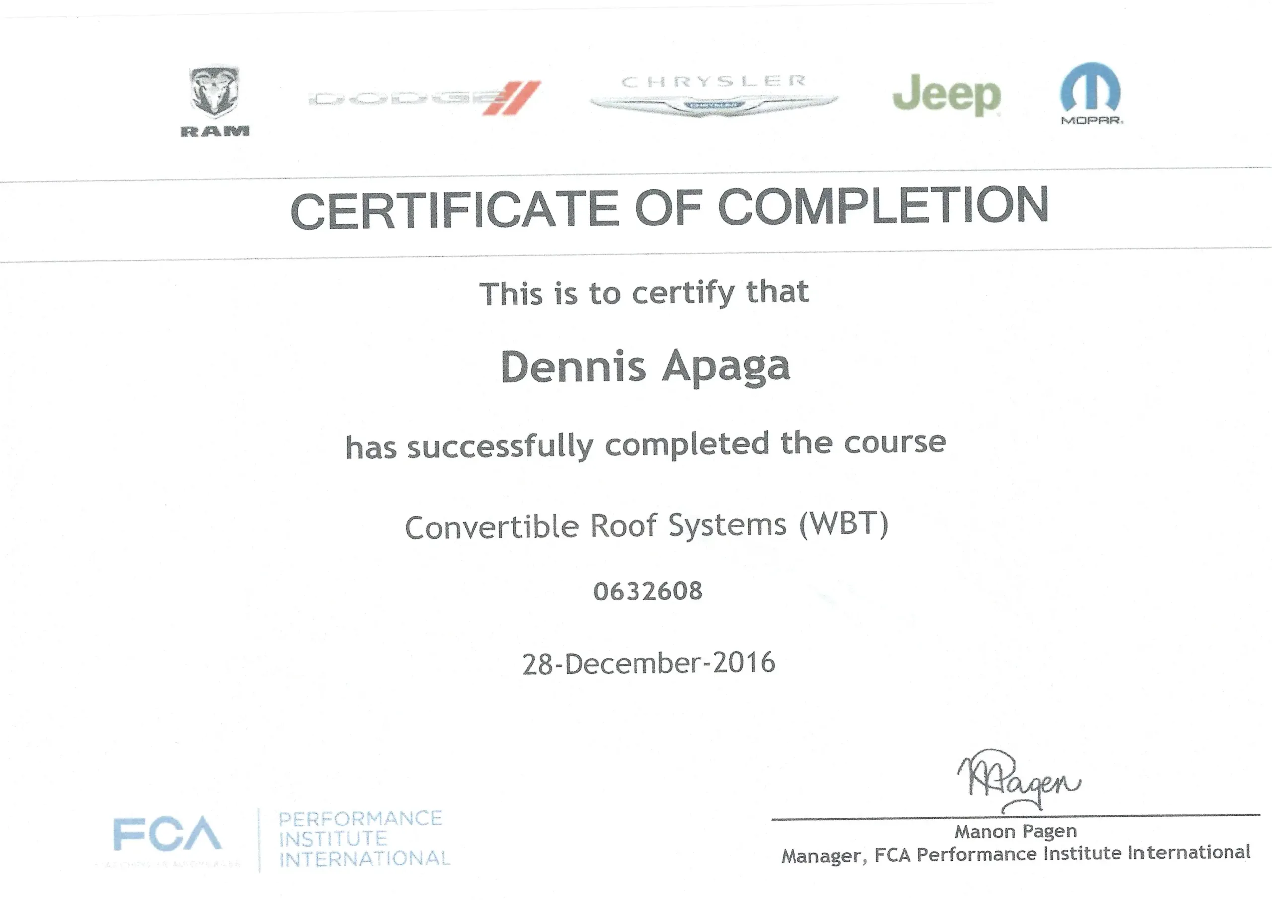 Dennis Apaga Trade Certificate Convertable Roof Systems