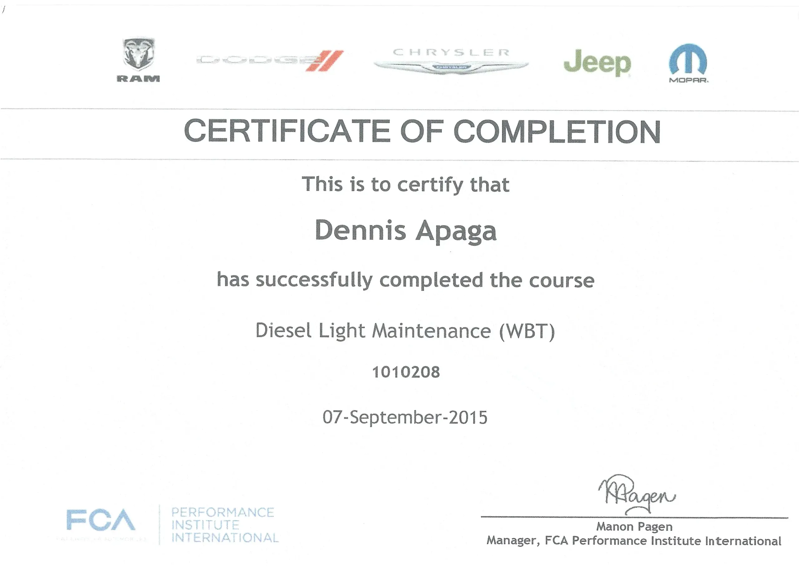 Dennis Apaga Trade Certificate Diesel Light Maintenance