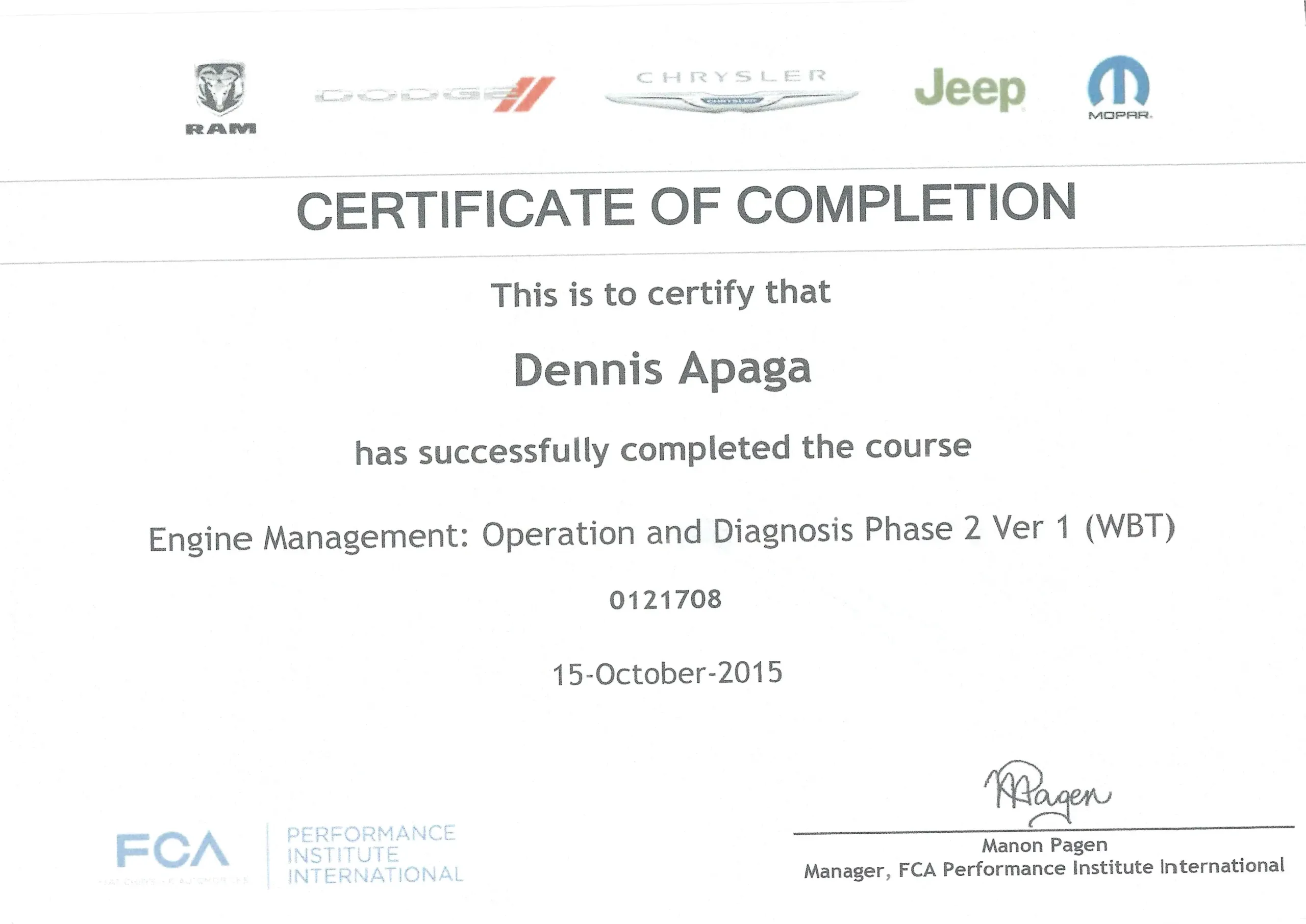 Dennis Apaga Trade Certificate Engine Management