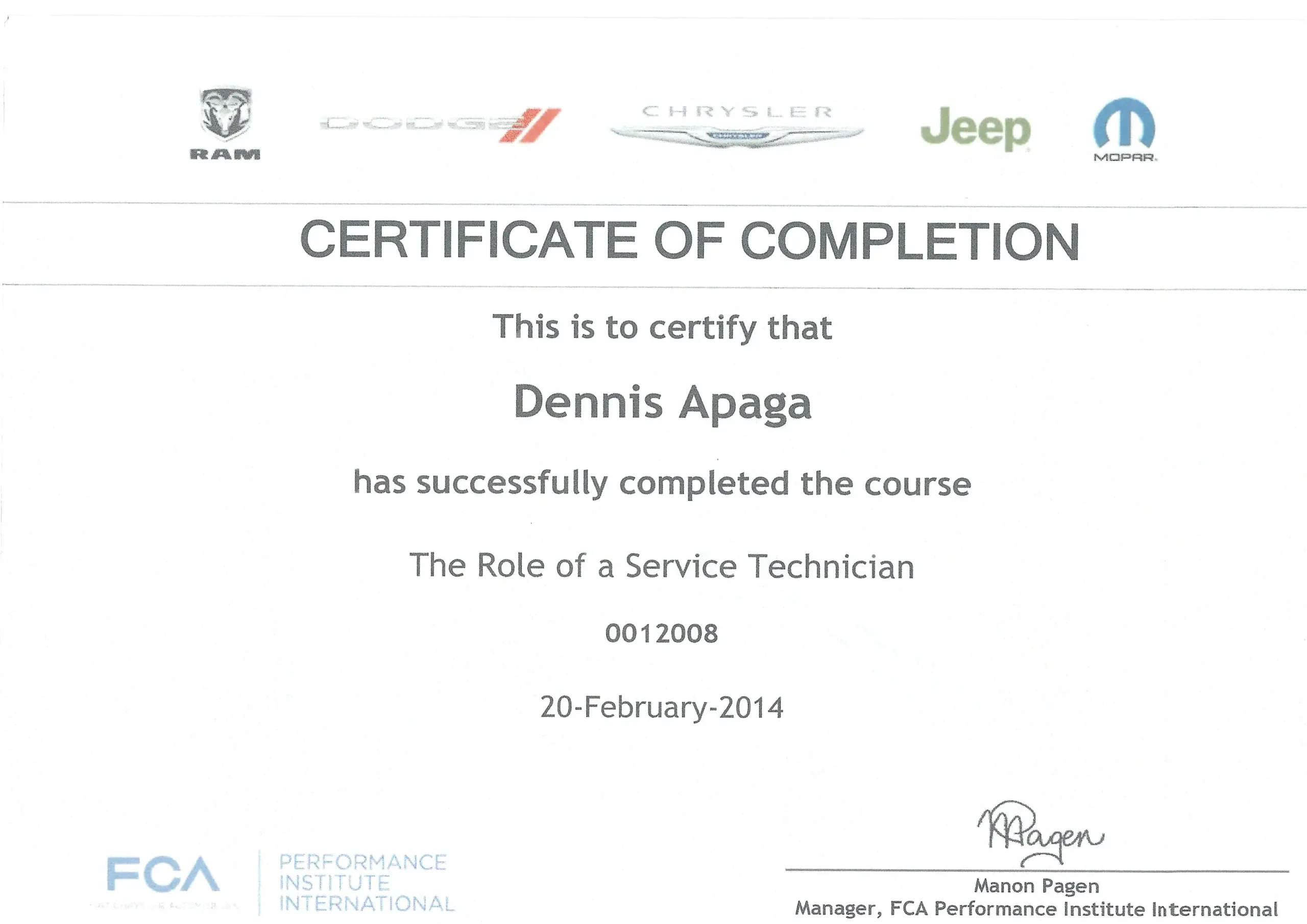 Dennis Apaga Trade Certificate Service Technician