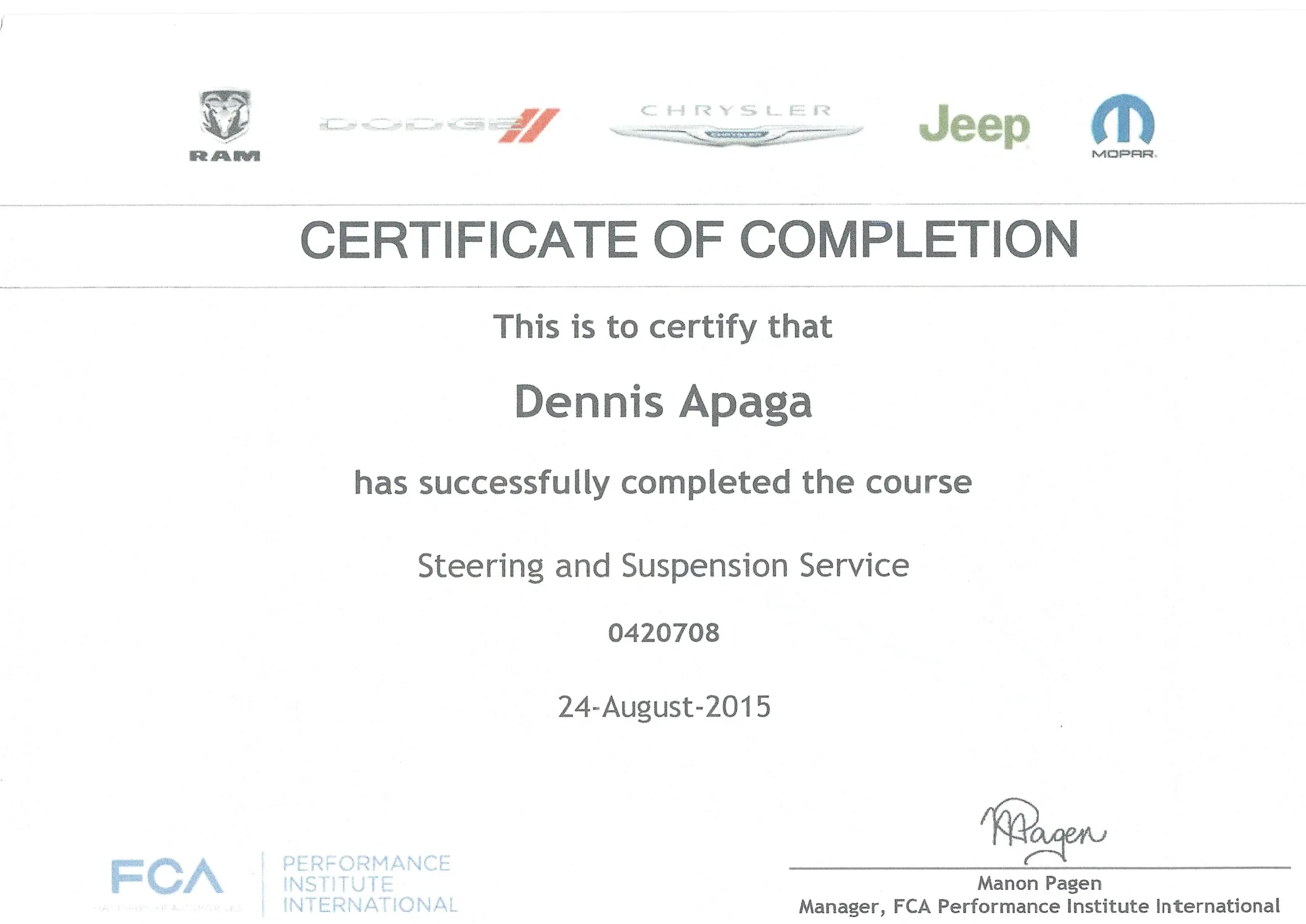 Dennis Apaga Trade Certificate Steering and Suspension