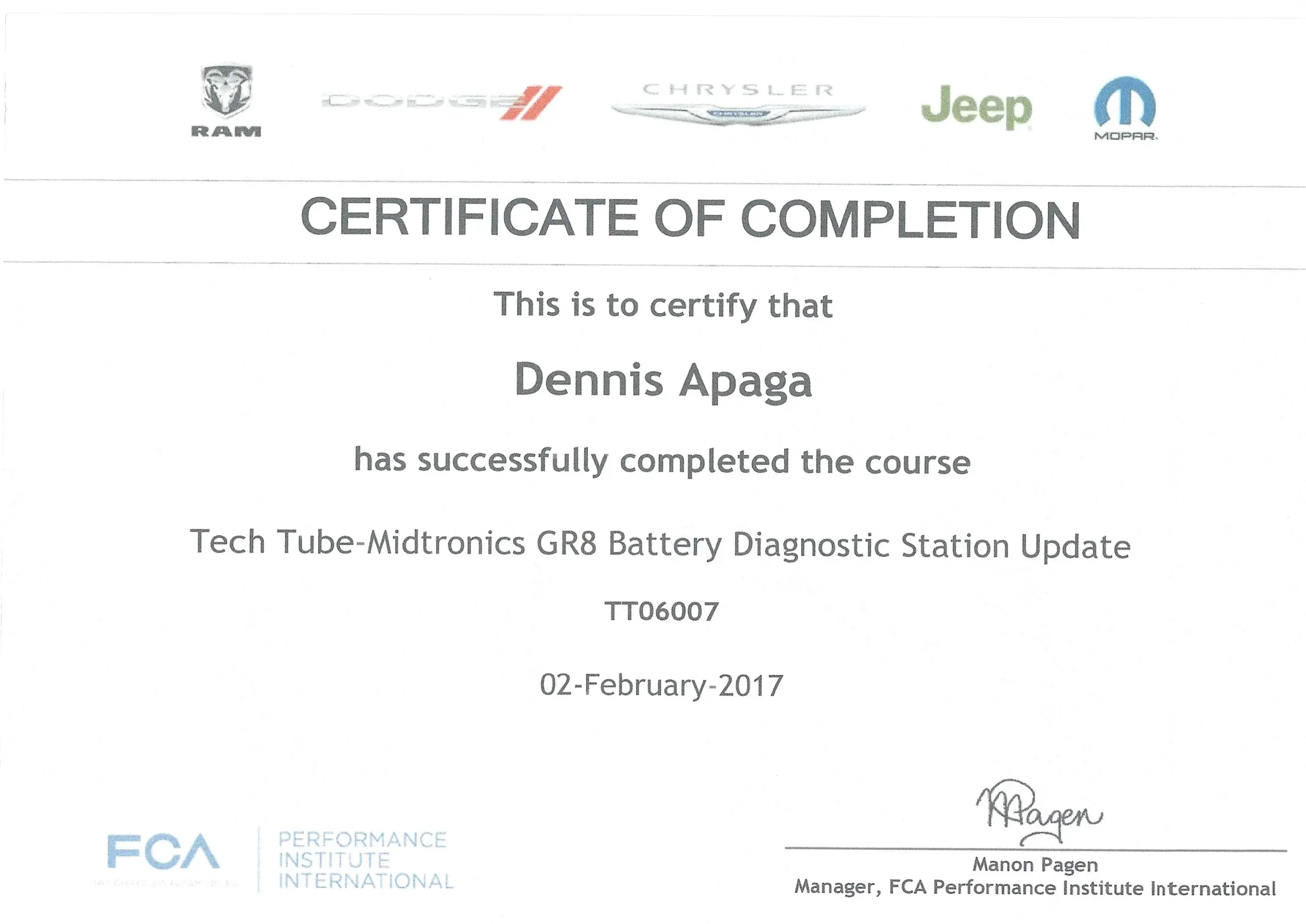 Dennis Apaga Trade Certificate Tech Tube-Midtronics