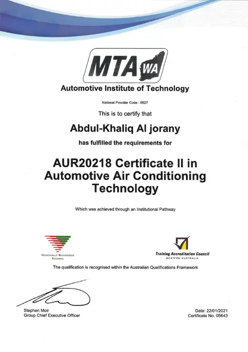 Abdul Jorany MTAWA Certificate Two Automotive Air Conditioning