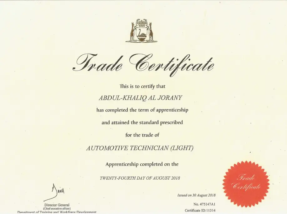Abdul Jorany Trade Certificate Automotive Technician