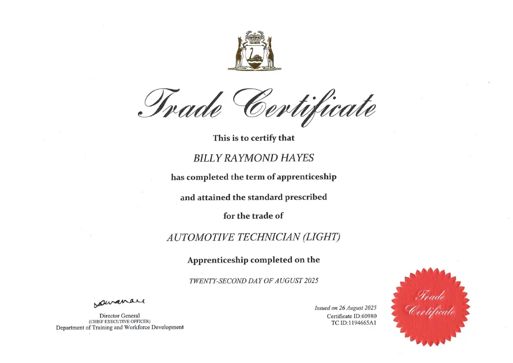 Billy Hayes Trade Certification Automotive Technician