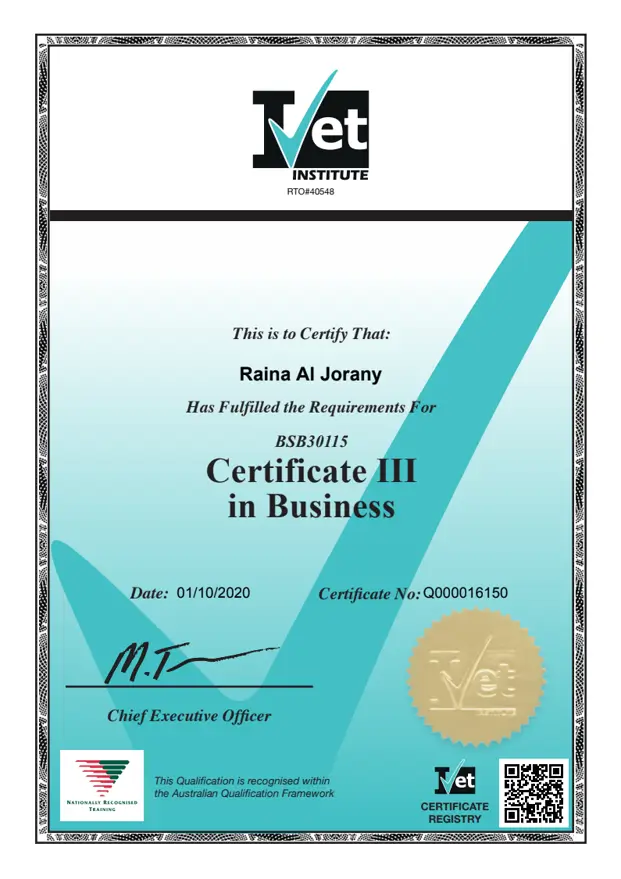 Raina Jorany Certificate III in Business